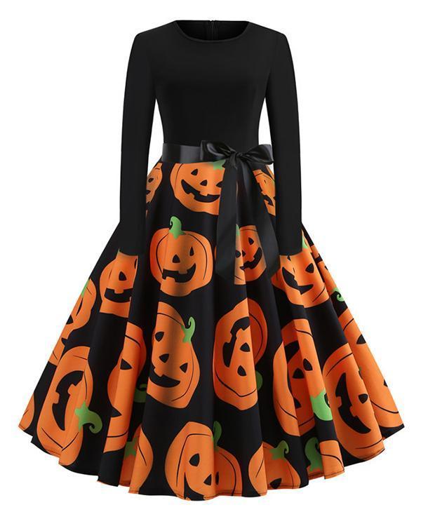 Halloween Pumpkin/Skull Round Neck Print Dress With Waistband