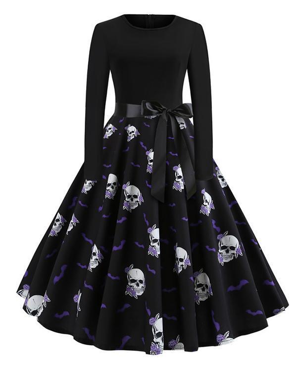 Halloween Pumpkin/Skull Round Neck Print Dress With Waistband