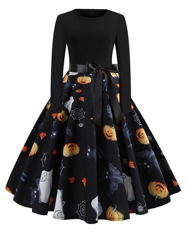 Halloween Pumpkin/Skull Round Neck Print Dress With Waistband