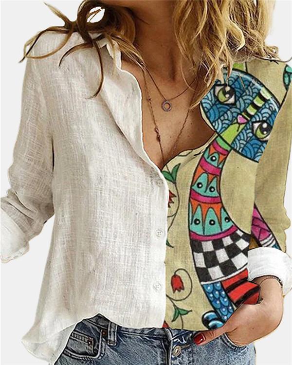 Turn Down Collar Print Long Sleeve Blouse