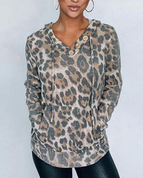 Casual V Neck Button Drawstring Camo/Leopard/Snake Hoodie Sweatshirt