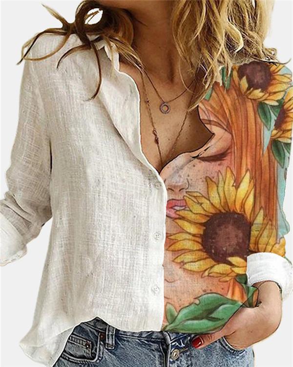 Flower Printed Lapel Collar  Long Sleeve Blouse