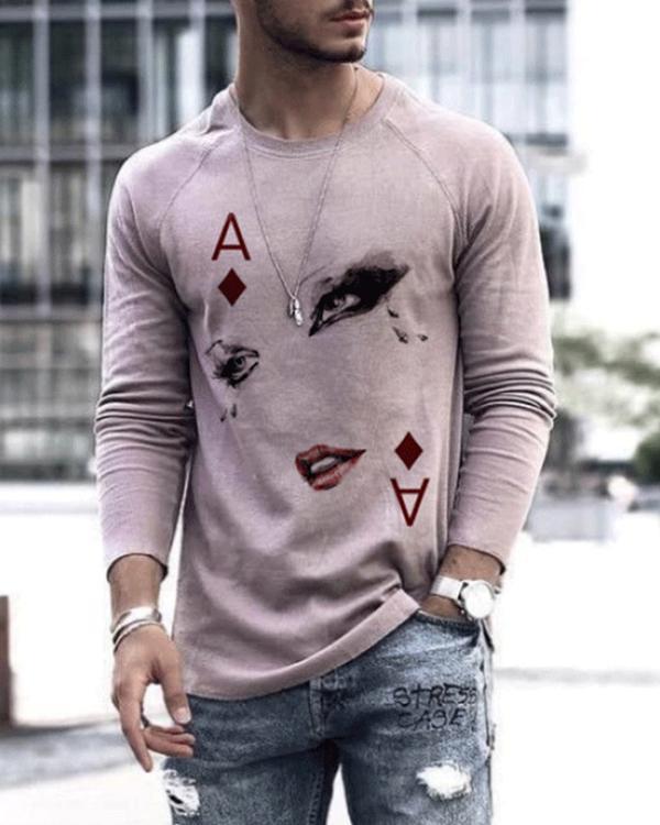 Mens Fashion Art Poker Print Long Sleeve T-shirt