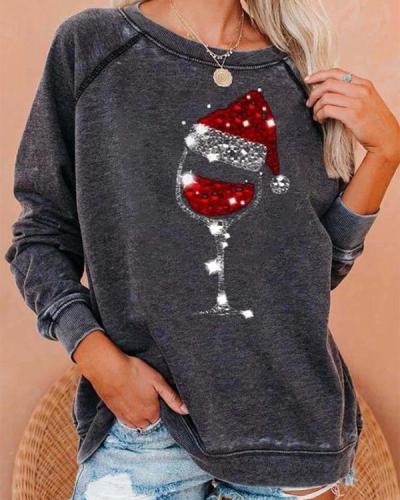 Christmas Red Wine Glass Print Cozy Sweatshirt