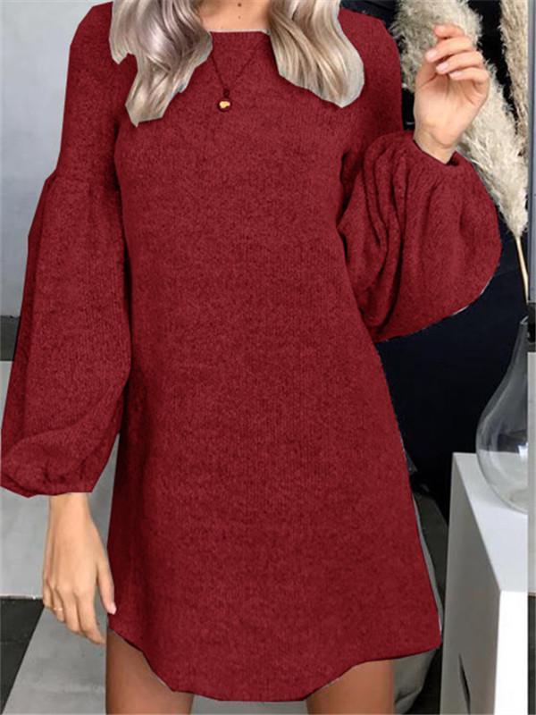 Autumn and Winter Fashion Knit Sweater Dress Bottoming Shirt Puff Sleeve Tunic Top