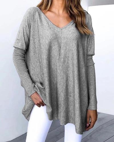 Casual Plain V-neck Long Sleeve Shirt