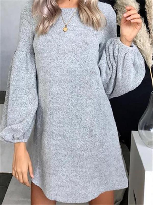 Autumn and Winter Fashion Knit Sweater Dress Bottoming Shirt Puff Sleeve Tunic Top