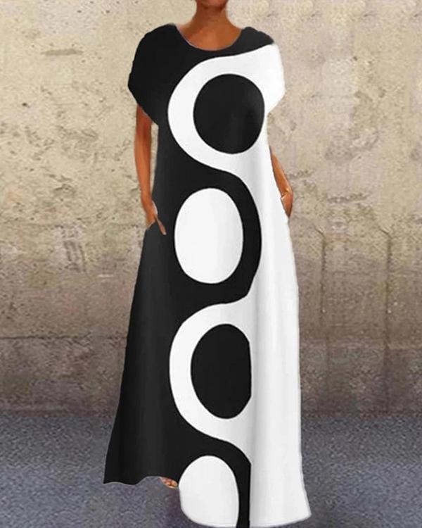 Black Geometric Crew Neck Printed Short Sleeve Dresses