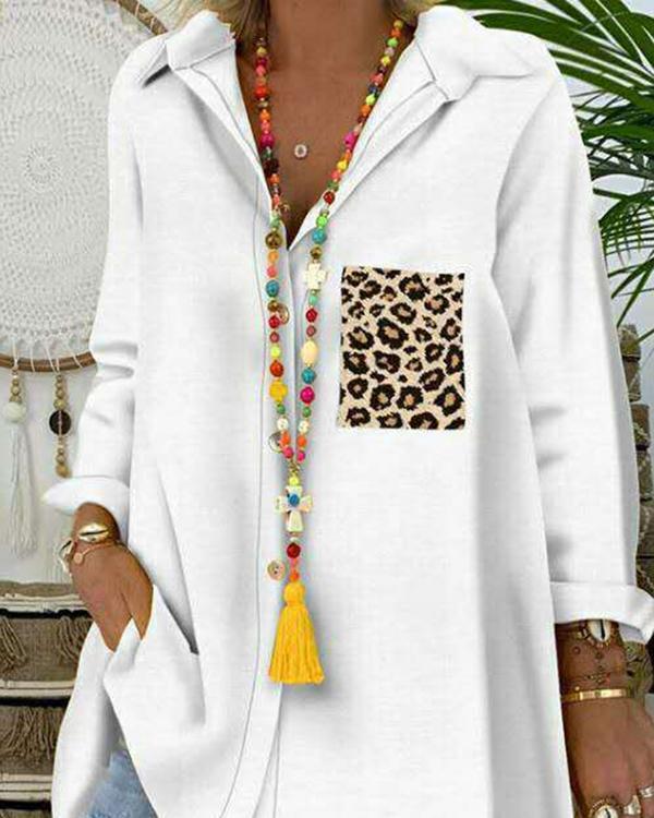 Leopard Lapel Long Sleeves Button Up Casual Shirt Blouses