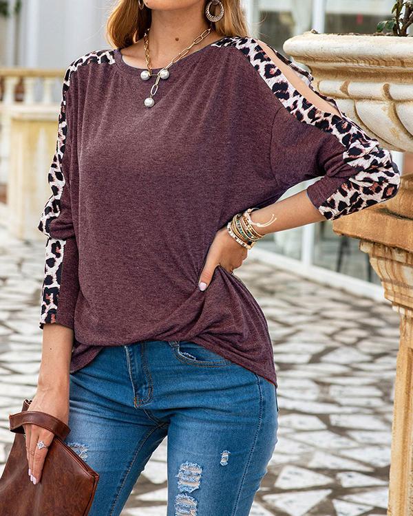 Women Fashion Shift Crew Neck Casual Leopard Cold Shoulder Shirts & Tops