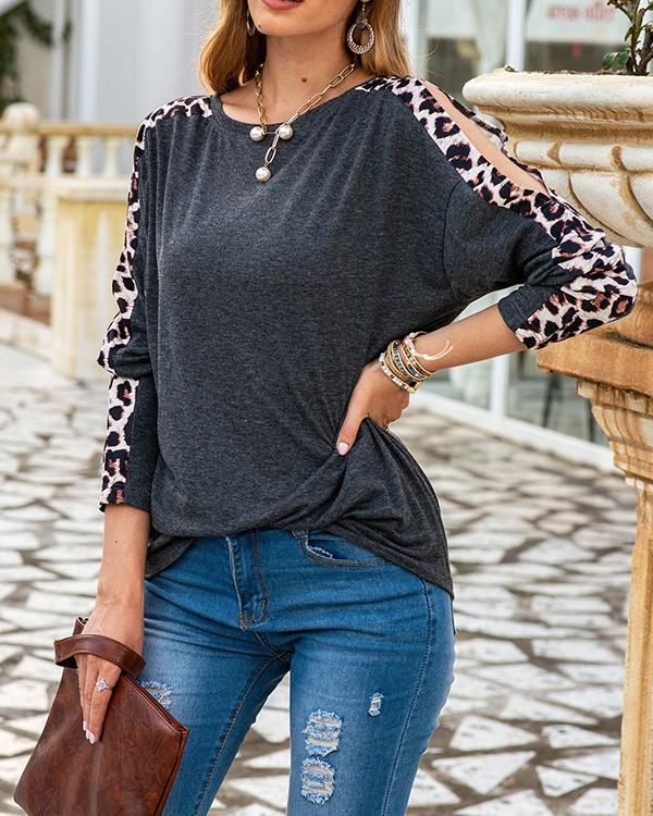 Women Fashion Shift Crew Neck Casual Leopard Cold Shoulder Shirts & Tops