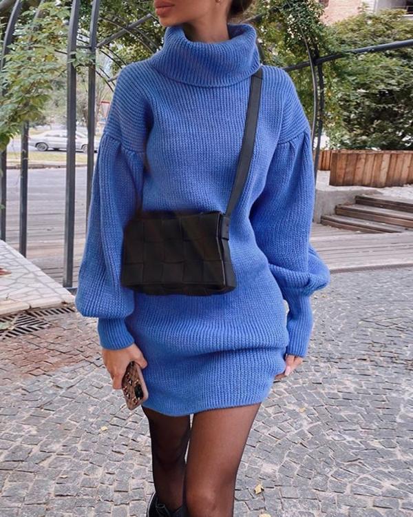 Elegant Solid Turtle Neck Lantern Sleeve Sweater Dress