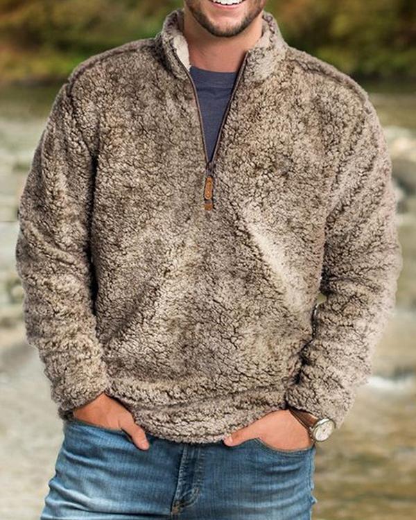 Mens Casual Plush Pullover Zipper Sweater