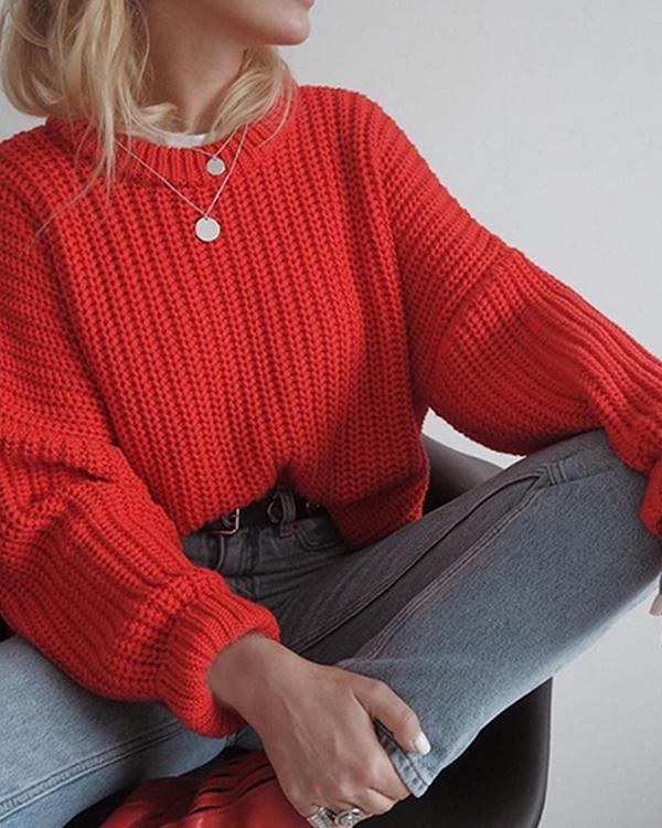 Fashion Casual Long Sleeve Solid Color Round Neck Sweater
