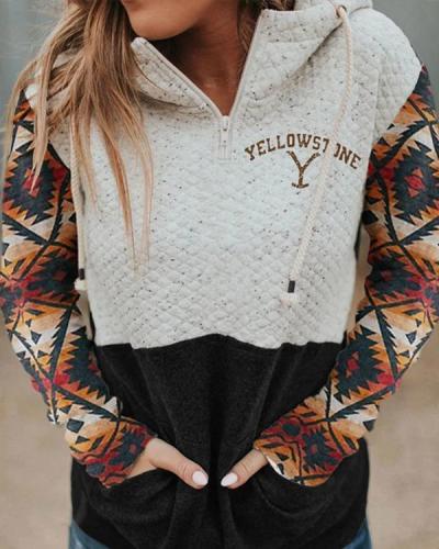 Women's Printed Hood Collar Colorblock Pocket Sweatshirt