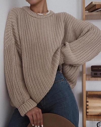 Fashion Casual Long Sleeve Solid Color Round Neck Sweater