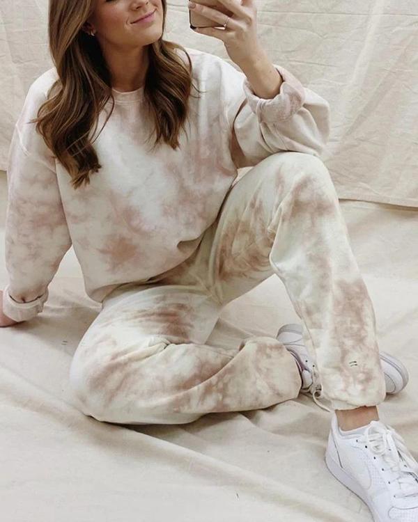 Casual Cozy Crew Neck Tie Dye Sweatshirt&Pants Set