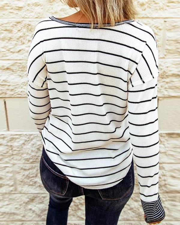 Round Neck Stripes Cotton-Blend Casual Sweatshirt