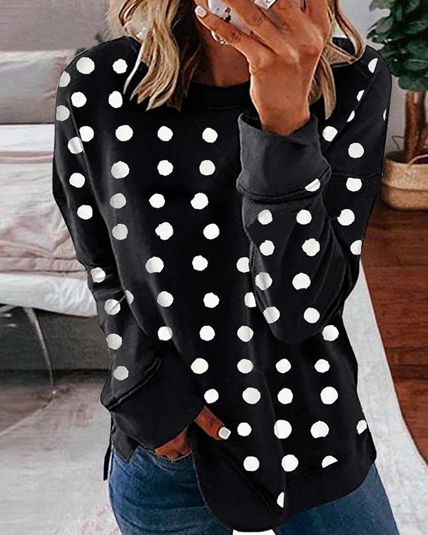 Polka Dots Round Neck Casual Sweatshirt