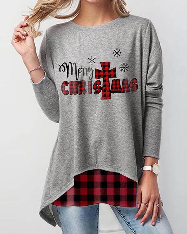 Ladies Red Plaid Merry Christmas Print Top