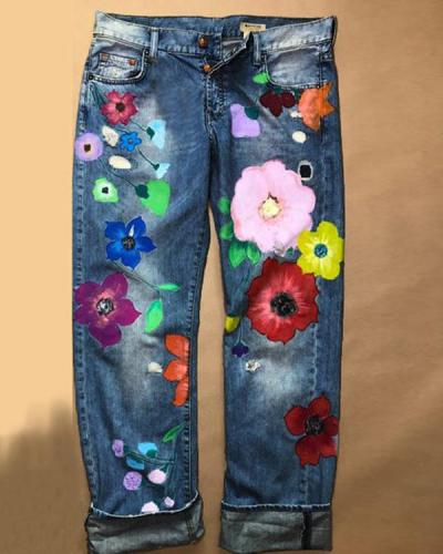 Denim Floral Casual Pants