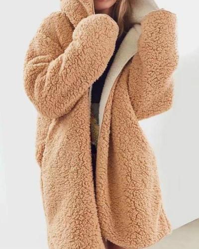 Pockets Hoodie Casual Faux fur Winter Solid Teddy Bear Coat