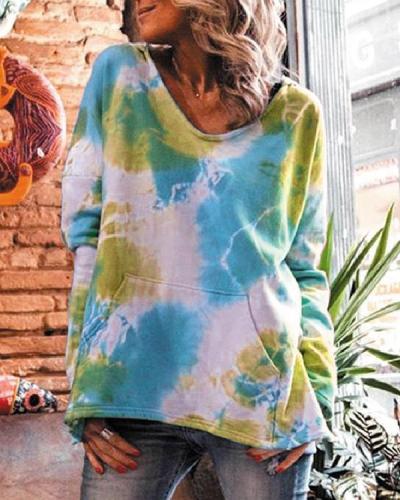 Women's Fashion Tie Dye Pocket Hoodie Sweatshirt