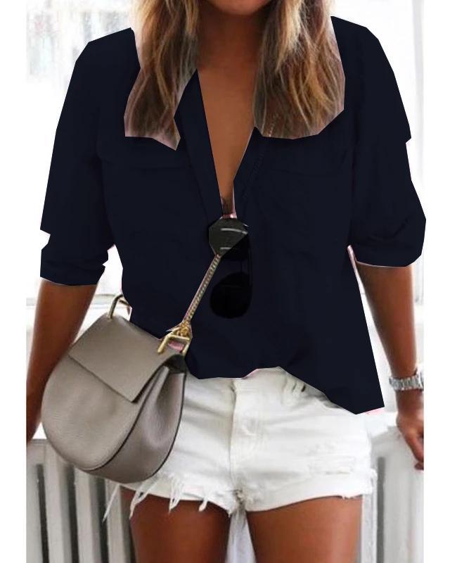 Solid Long Sleeve Shirt Collar Pockets Casual Plus Size Shirts