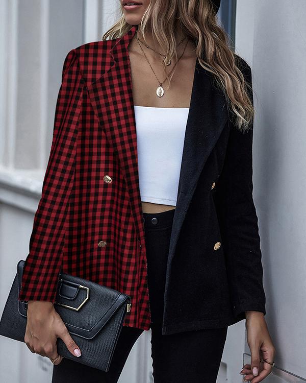 Fashion Color Contrast Houndstooth Long Sleeve Button Blazer
