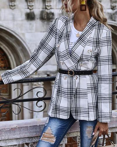 Buttons Plaid Print Blazer Coat