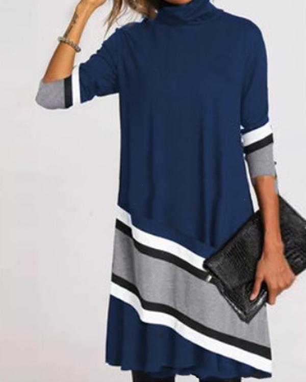 Casual Plus Size Color Block/Floral Tunic High Neckline Shift Dress