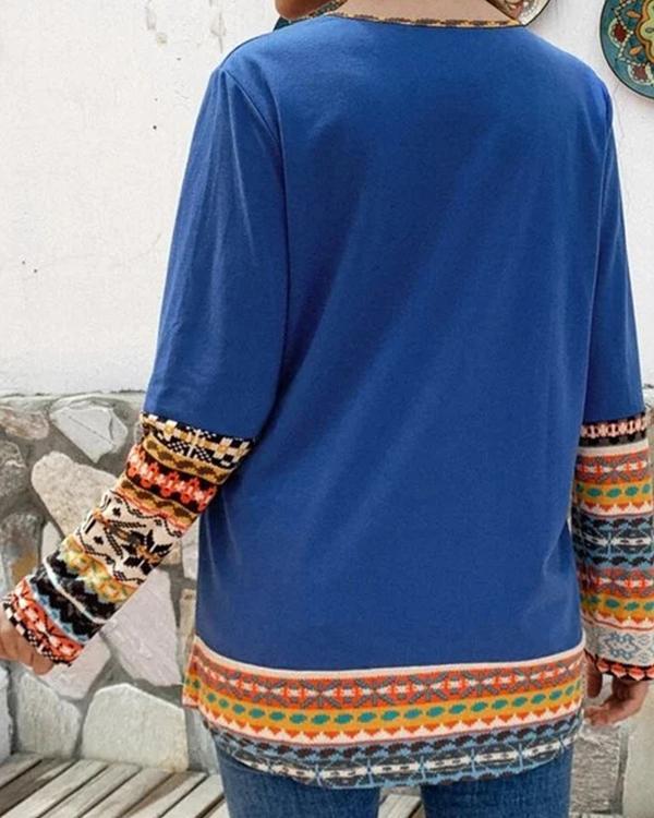 Patchwork Crew-neck Long Sleeve Casual Blouse Tops