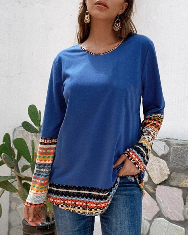 Patchwork Crew-neck Long Sleeve Casual Blouse Tops