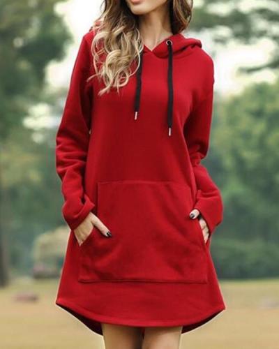 Casual Solid Shirt Round Neckline Shift Dress