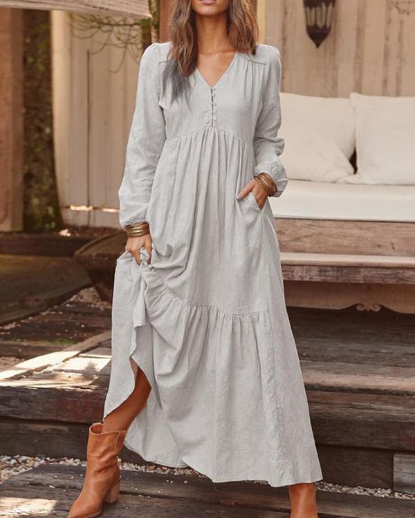 Women Solid Color V-neck Long Sleeve Causal Maxi Dress