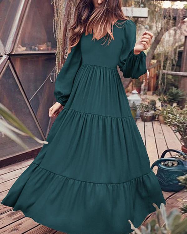 Women Retro Solid Color Back Zipper Puff Sleeve Loose Casual Maxi Dress