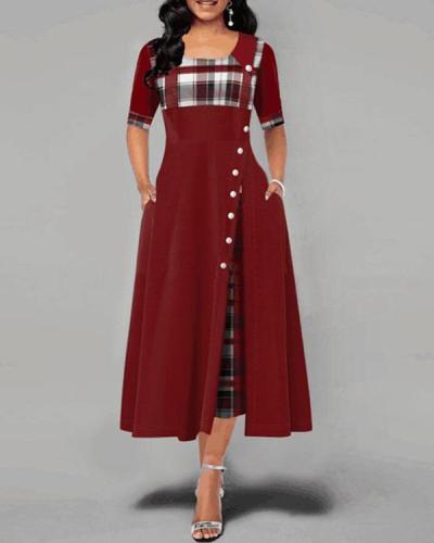 Women's Plaid Patched Irregular Pleated Short Sleeves Maxi Dress