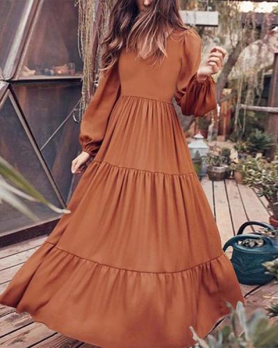 Women Retro Solid Color Back Zipper Puff Sleeve Loose Casual Maxi Dress