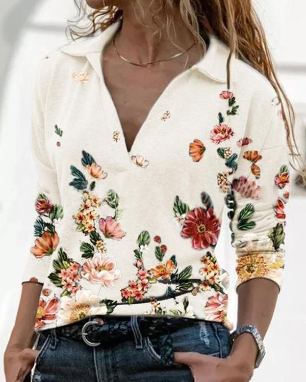 Women Printed Long Sleeve V Neck Shirts