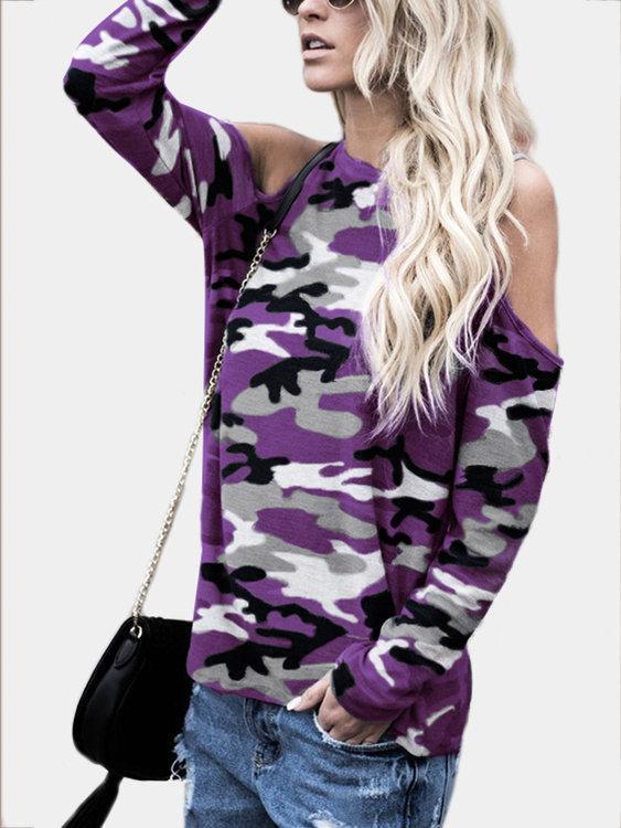 Camouflage Round Neck Cold Shoulder Long Sleeves Tshirts