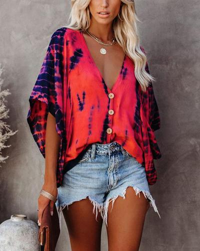 V-neck Bat Sleeve Chiffon Tie-dyed Shirt