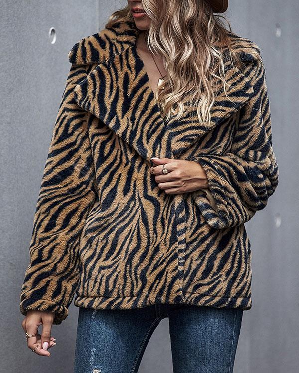Women Tiger Stripes Print Winter Warm Coat