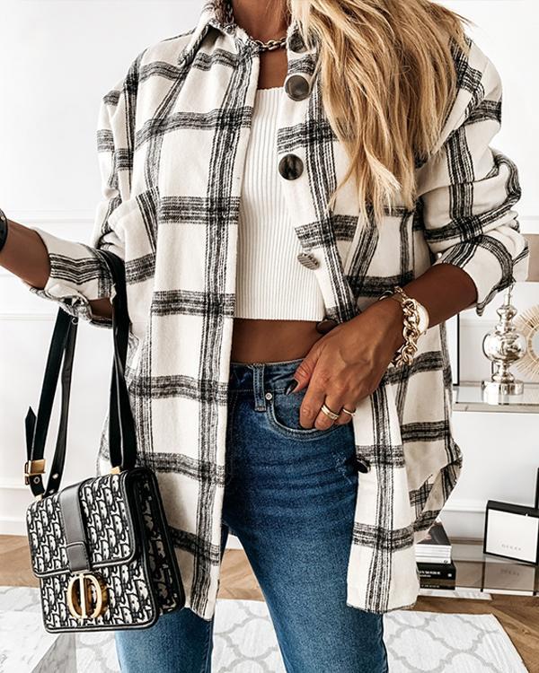Loose-Fitting Retro Plaid Long Sleeve Outerwear