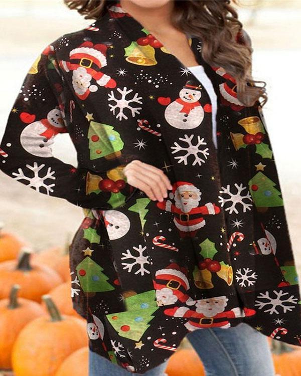 Women Autumn Winter Snow Man Print Cardigan