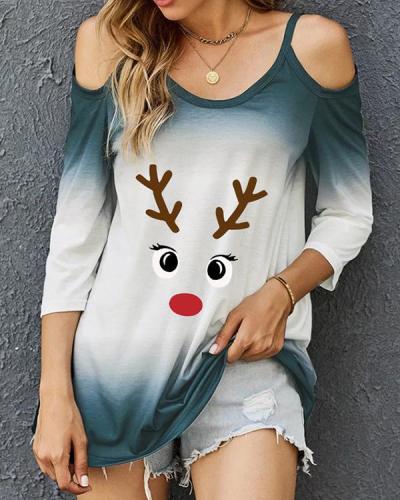 Print Tie Dye Cold Shoulder Long Sleeves Christmas Blouses