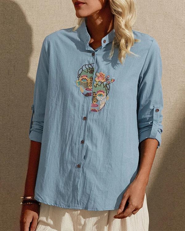 Vintage Embroideried Portrait Long Sleeve Casual Blouse