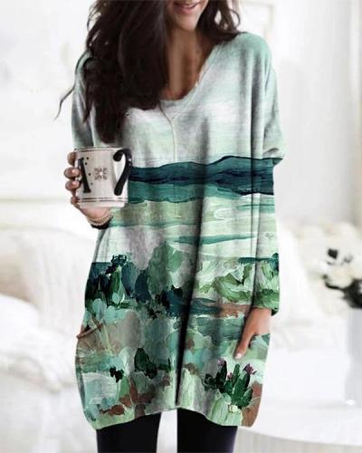 Landscape Print Long Sleeve V-neck Casual Blouse For Women