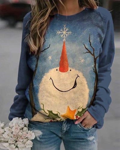 Christmas Snowman Print Round Neck Long Sleeve Sweatshirt