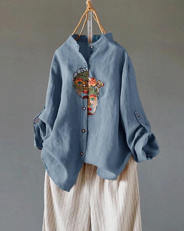 Vintage Embroideried Portrait Long Sleeve Casual Blouse