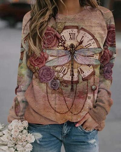 Vintage Dragonfly Printed Long Sleeve O-neck T-shirt For Women